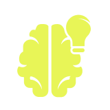 A bright yellow brain icon with a light bulb near the upper right side, symbolizing creativity or an idea.