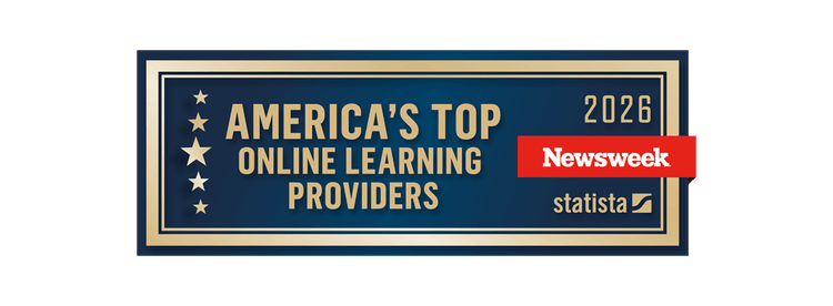 A rectangular badge with the text Americas Top Online Learning Providers 2026 features the Newsweek and Statista logos, set against a blue and gold design with stars on the left side.