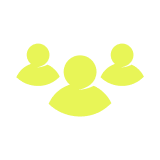 Yellow icon of three generic person silhouettes, representing a community focused on fitness and health, with one figure in front and two slightly behind.
