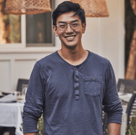 A man in blue shirt